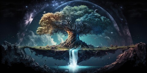 Wall Mural - fantasy fairytale sphere island floating in universe of night sky. superlative generative ai image.
