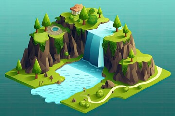 Sticker - Illustration of a stunning countryside with a solitary waterfall scene. Creative waterfall design in isolation. Generative AI