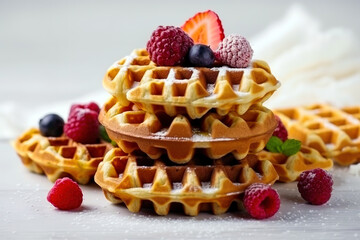 Traditional belgian waffles with fresh fruit and caramel on white background. 