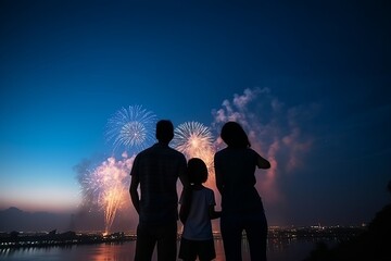 Silhouette of a happy family watching blue and red fireworks in the sky, celebrating Independence Day together. generative ai