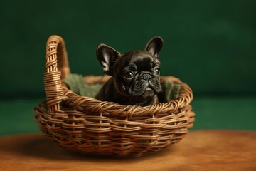 Wall Mural - Close up of a sweet tiny French bulldog on a brown basket against a green background. Generative AI