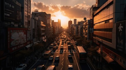 Poster - A beautiful and dramatic panoramic photograph of the city skyline, taken on a golden evening after sunset. Generative Ai.