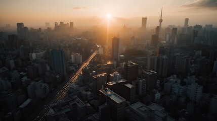 Sticker - A beautiful and dramatic panoramic photograph of the city skyline, taken on a golden evening after sunset. Generative Ai.