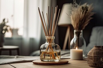 Canvas Print - Reed diffuser on wooden table in contemporary room. Generative AI