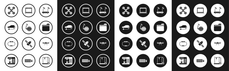 Poster - Set Router and wi-fi signal, Social network, Electric car, Drone flying, Document folder, Laptop, and Smartwatch icon. Vector