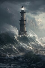 Poster - illustration of lighthouse on a rain and storm filled and giant waves crashing  lighthouse atnight with a beam of light shining out to sea. Generative Ai.