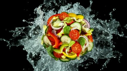 Fototapete - Super slow motion of Greek salad with splashing water, isolated on black background. Filmed on high speed cinema camera, Top shot. 