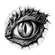 Tattoo or t-shirt print featuring eye of dinosaur or dragon monster. Mythical creature evil iris, lizard or bird. Monochrome reptilian eyeball and spiky skin. Black and white sketch of fantasy animal
