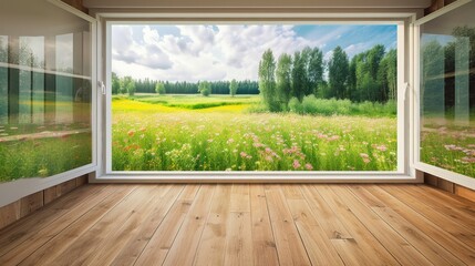 Empty room with wooden floor and window with summer view, green meadow with grass, the sun is shining brightly. Generative AI Illustration