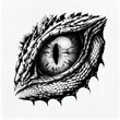 Dragon or dinosaur monster eye tattoo, t-shirt print. Vector tshirt mockup with monochrome reptile eyeball and spiky skin. Black and white fantasy creature pupil. Mythical animal silhouette