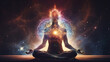 © Aiakos - Concept of meditation and spiritual practice for enlightenment, expanding of consciousness, chakras and astral body activation, mystical inspiration image. Generative AI.