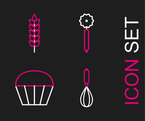 Sticker - Set line Kitchen whisk, Muffin, Pizza knife and Cereals with rice, wheat, corn, oats, rye icon. Vector