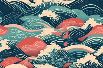 a vintage style japanese crashing wave background. seamless pattern. generative ai