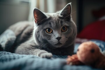 Sticker - Adorable, humorous, and adorable gray fluffy home cat amusingly playing with a soft plush rabbit toy on a child's bed. The cat enjoys being petted, stroked, and basked. Cat is content in the home