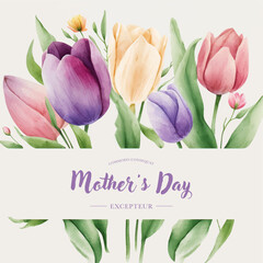 Wall Mural - Vector watercolor banner with beautiful flowers framed for mother's day