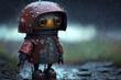 Niedlicher, KI-generierter Roboter steht im Regen