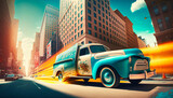 Fototapeta  - Pickup truck driving in city. Generative AI