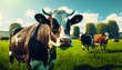 Cows on green pasture close up. Generative AI