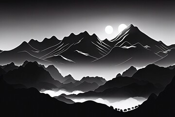 Black and white silhouette of a mountain range. Generative AI