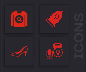 Sticker - Set Microphone, Feminist shirt, Condom and Woman shoe icon. Vector