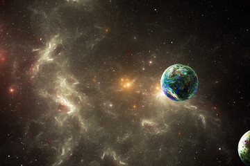 Wall Mural - yellow clouds of stardust with a green planet in black space. abstract fractal 3d rendering
