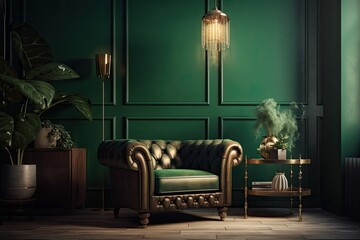 Canvas Print - Luxury living room in a home with a leather seat and little adornment against a blank green wall. Generative AI