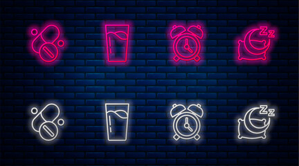 Canvas Print - Set line Glass with water, Alarm clock, Vitamin pill and Time to sleep. Glowing neon icon on brick wall. Vector