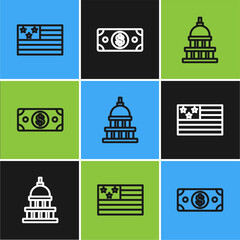 Poster - Set line American flag, White House and Stacks paper money cash icon. Vector