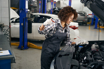 Wall Mural - Multiracial young auto repairman checks oil level in car