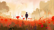 Abstract painting concept. Colorful art style of a soldier in a red poppies field. Anzac day - Lest we forget. Generative AI.
