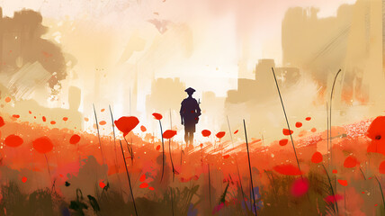 Abstract painting concept. Colorful art style of a soldier in a red poppies field. Anzac day - Lest we forget. Generative AI.