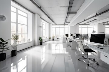 A sleek and modern white and open space office with a spacious and tidy aesthetic. Has minimalist furnishings in a bright and airy atmosphere with large windows and white walls. Generative AI