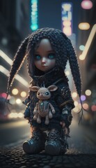 Wall Mural - An exclusive and collectible cyberpunk bunny girl doll armed in a night city, in a cosplay outfit. Decorative gift for children. Character for children's books and stories. Created with AI.