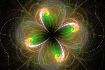 Wall Mural - Orange green floral pattern of crooked waves on a black background. Abstract fractal 3D rendering