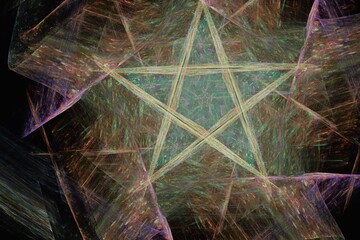 Wall Mural - multicolored pattern of crooked waves with a star on a black background. abstract fractal 3d renderi