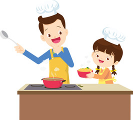 Wall Mural - Happy family cooking. Mother and father with kids cook dishes in kitchen