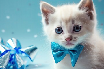 Poster - Kitten with a blue bow tie. lovely website banner with copy space. A kitten is shown in close up in front of a small plastic Christmas tree and a blue teddy bear. Happy Holidays. New Year's greetings