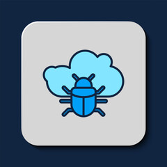 Sticker - Filled outline System bug on a cloud icon isolated on blue background. Cloud computing design concept. Digital network connection. Vector