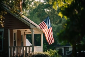 Wall Mural - Porch of a house with the USA flag in front. High quality generative ai