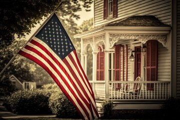 Wall Mural - Traditional house with the USA flag in front. Gnerative ai