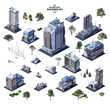 Isometric city constructor. Realistic urban 3D skyscrapers, business towers, offices, residential houses, commercial buildings, tree set. City design elements, megapolis town skyscraper, transparent
