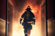 © ADDICTIVE STOCK - Generative AI illustration of firefighter in uniform and with oxygen balloon walking forward burning fire