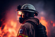© ADDICTIVE STOCK - Generative AI illustration of fireman wearing protective costume and respirator with helmet while standing against burning fire