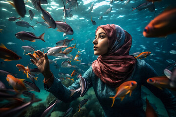 Wall Mural - Muslim women relax swimming, generative ai