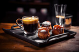 Présentation de café gourmand avec expresso et mignardises sucrées