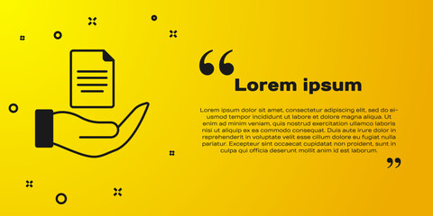 Sticker - Black Contract in hand icon isolated on yellow background. Insurance concept. Security, safety, protection, protect concept. Vector