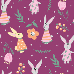 Sticker - Seamless vector pattern with cute rabbits on a floral background. Ideal for textiles, wallpapers or prints.