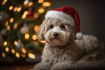  Festive Dog Sitting by Christmas Tree