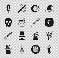 Wall Mural - Set Magic stone, staff, Moon and stars, Witch cauldron, Skull, sword in fire and icon. Vector