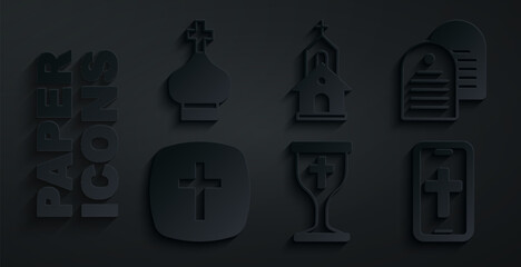 Sticker - Set Christian chalice, Holy bible book, cross, on phone, Church building and church tower icon. Vector